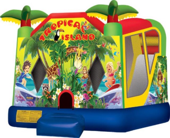 Tropical Island themed bounce house with palm trees, slide, and jungle animals
