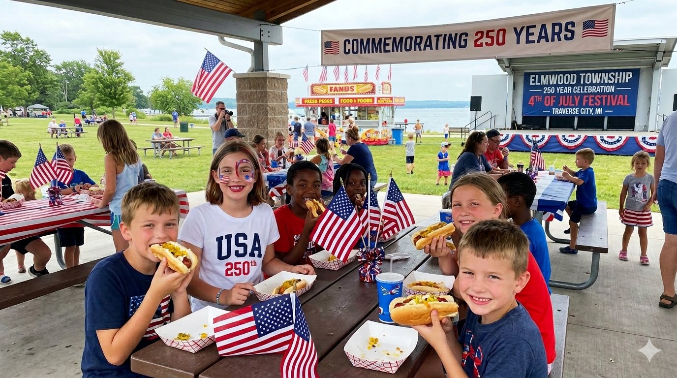 Children enjoying hot dogs at the Elmwood Township 250 Year Celebration 4th of July Festival in Traverse City, MI